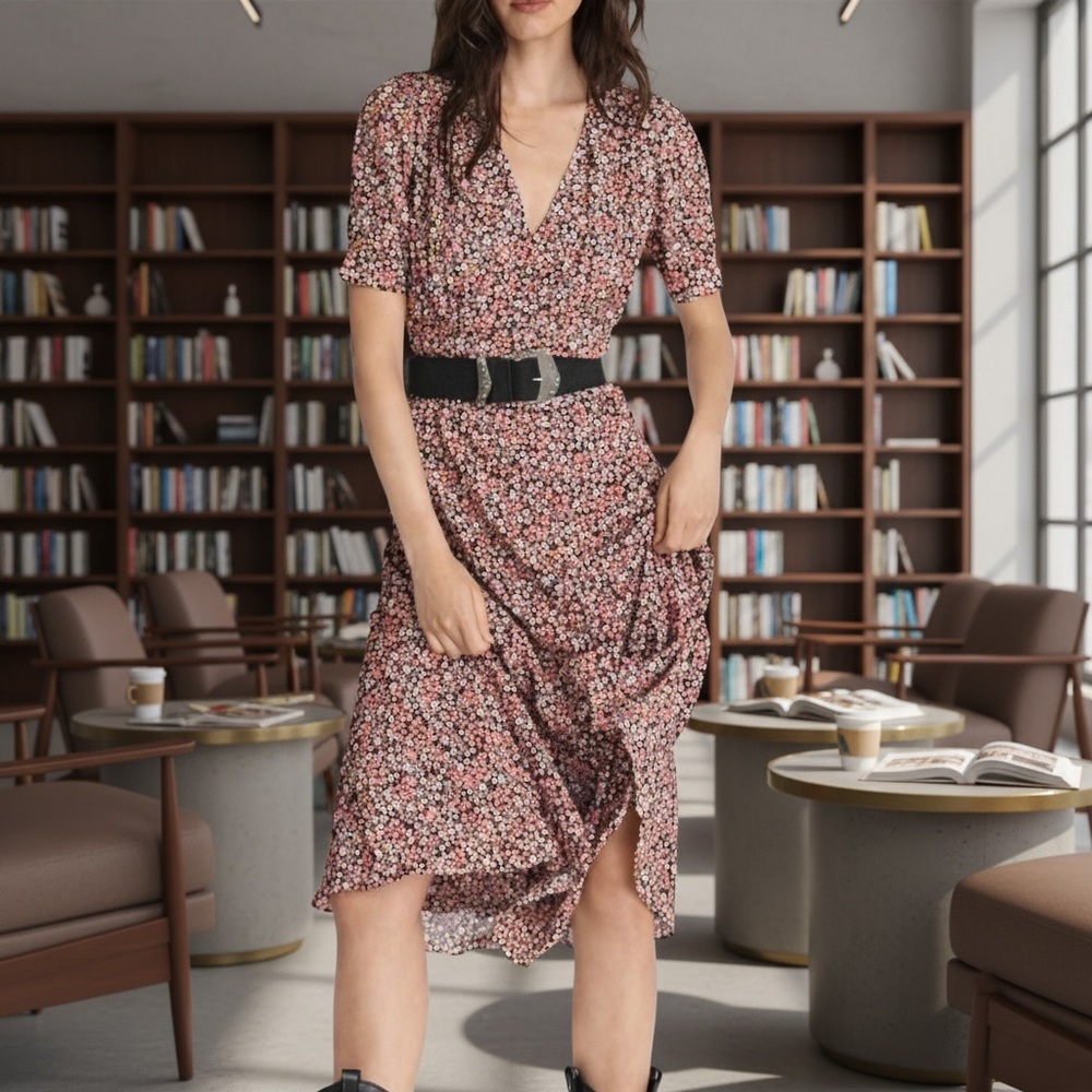 THE KOOPLES Floral V-Neck Short Sleeve Flowy BOHO Dress in Pink & Black!